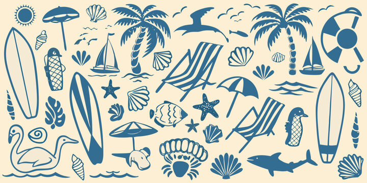 Beach Elements Illustration Surfboards Palm Trees And Marine Life