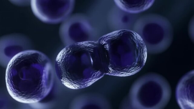 Microscopic neisseria bacteria dividing in high definition 3d animation with rendered deep blue lighting high resolution textures emphasize cellular structure replication