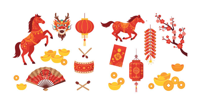 Chinese New Year vector element set featuring traditional lunar festival items horse dragon lantern sycee firecrackers red envelope and fan