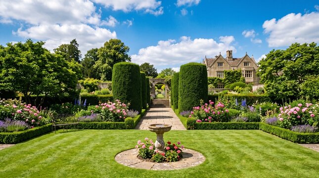 Beautifully Manicured English Country Garden Landscape with Historic Stone Manor House Backdrop