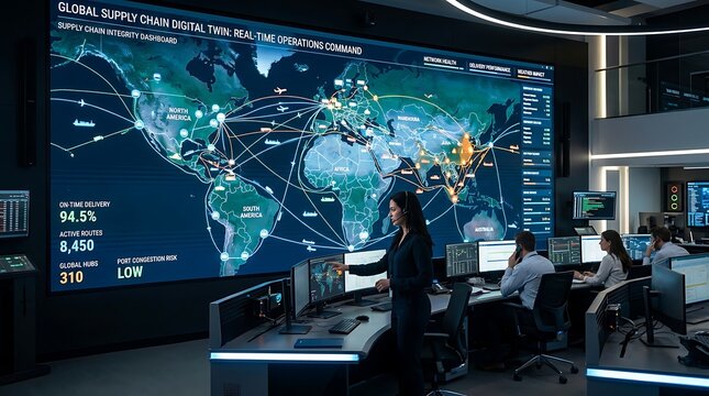 Global supply chain digital twin command center with map display