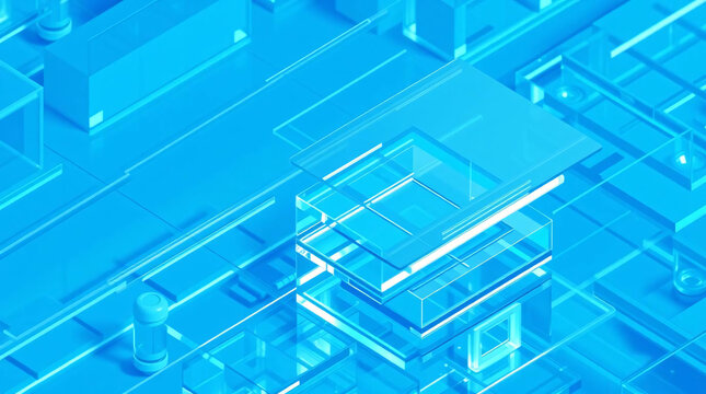 Abstract geometric network grid with glowing blue translucent layers and clean lines for technology concepts