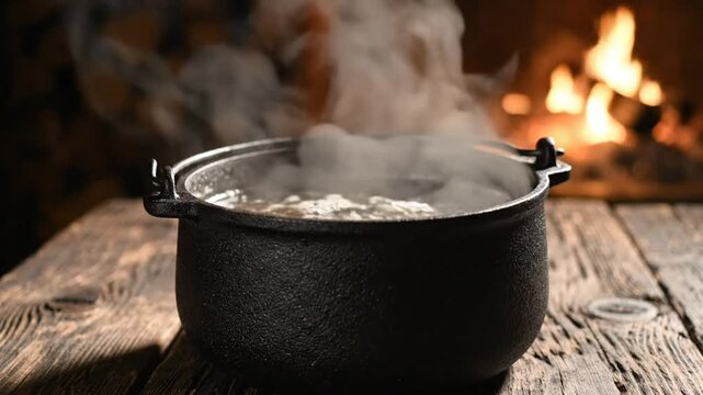 Black cast iron pot filled with boiling water and steaming in front of a cozy fireplace scene