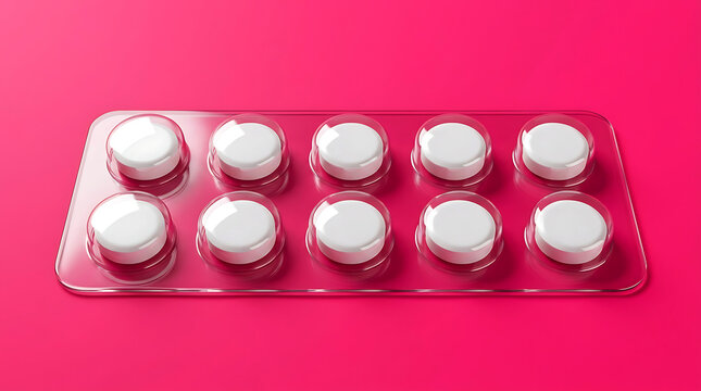 White medical pills in a plastic blister pack on a bright vibrant pink background surface.