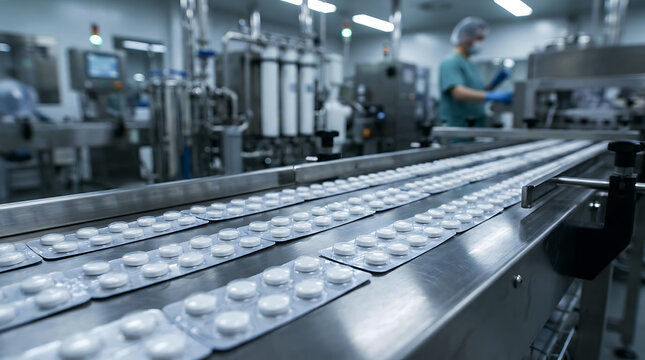 Pills in blister packs moving along a conveyor belt inside a modern pharmaceutical factory.