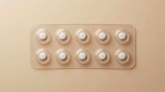 Top view of a plastic blister pack with round white pills on a soft beige background.