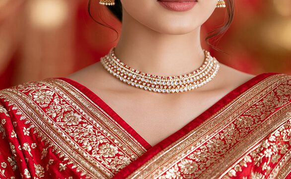 Indian bride in elaborate red and gold bridal sari, close up portrait, jewelry detail, soft studio lighting