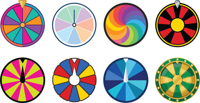 Colorful wheel of fortune vector set with isolated lottery wheels, casino roulette, lucky spin circles, and prize game elements.