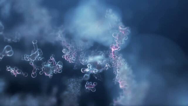 Floating microbial structures in glowing deep space animation with ethereal movement with glowing microbial clusters drifting through cosmic inspired backdrop smooth