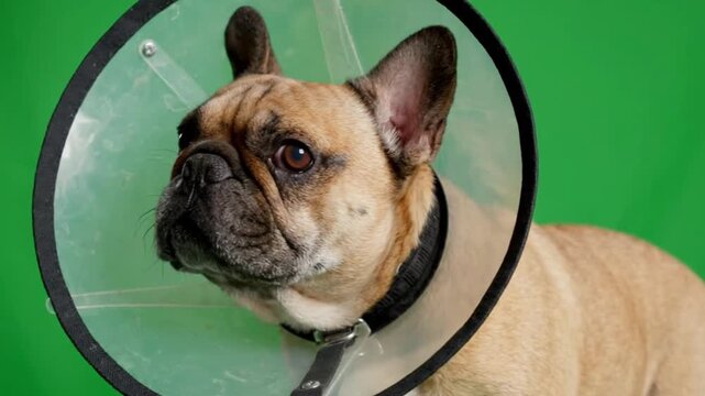French Bulldog Wearing Veterinary Medical Cone Collar Looking Around Green Screen Background
