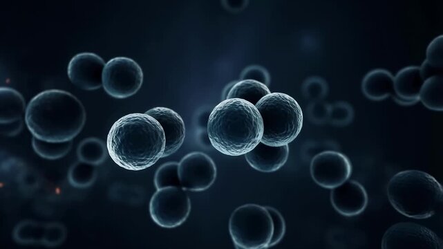 Microscopic spherical microorganisms clustered in dark space with glowing surface details with illumination with showcases detailed animation