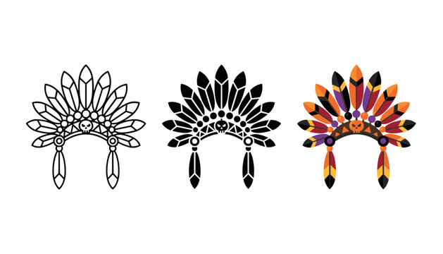 Three stylized feather headdresses with detailed native american tribal designs