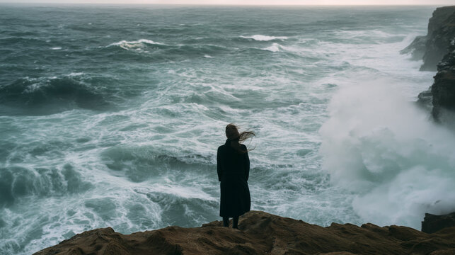 Rear view of woman with windblown hair standing on rocky cliff overlooking stormy ocean waves 
