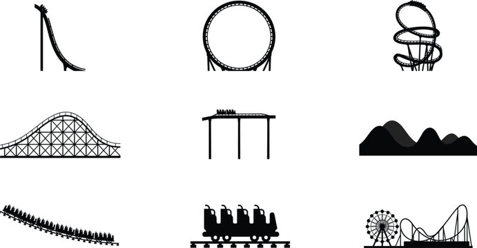 Roller Coaster Track and Theme Park Ride Black Silhouette Icon Set Featuring Amusement Loops Drop Hills and Ferris Wheel Symbols for Carnival Designs