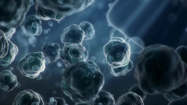 Microscopic spherical bacteria cluster floating in dark 3d space with glowing texture with illuminated backdrop translucent animation spherical microbial