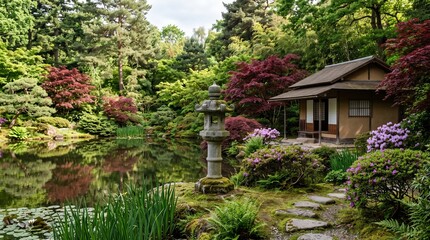 Fototapeta premium Traditional Japanese Garden Retreat with Stone Lantern and Wooden Tea House by Peaceful Pond