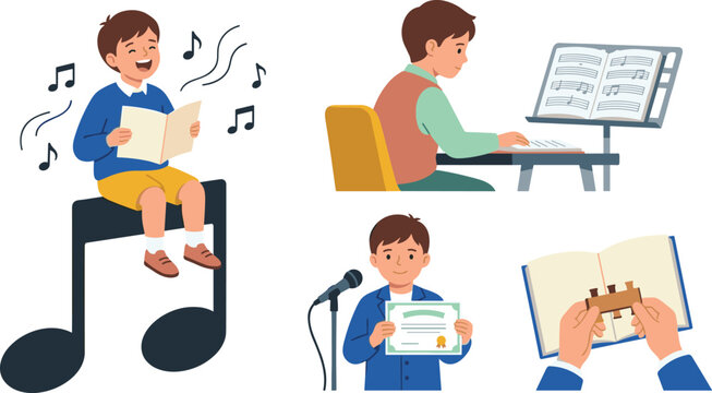 Talented Boy Music Education Vector Set Featuring Student Singing on Musical Note Playing Piano Holding Diploma Certificate and Reading Songbook Sheet Graphics