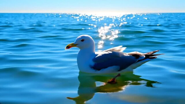 Beautiful seagull floating calmly on the clear blue ocean with bright sunlight sparkling on the water