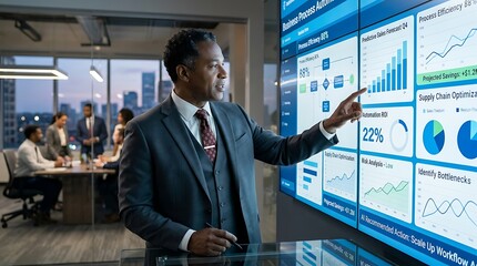 Fototapeta premium Executive pointing at digital data dashboard on large wall screen