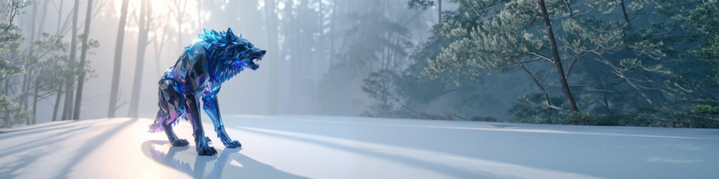 Polygon crystal wolf snow forest winter landscape banner background template nature geometry abstraction environment ice light reflection concept art design vector illustration element computer visual