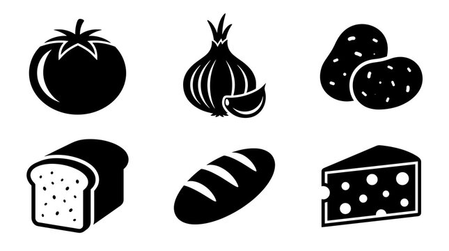 Set of simple food icons featuring tomato onion potato bread and cheese for culinary menus and