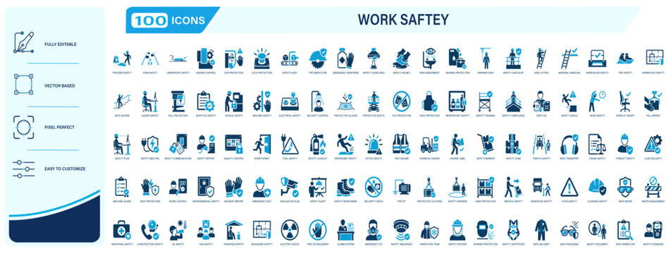 Work safety solid icon set. Industrial occupational health hazard, construction factory protection equipment, employee injury prevention, safe workplace rules. Fully editable. Vector illustration 