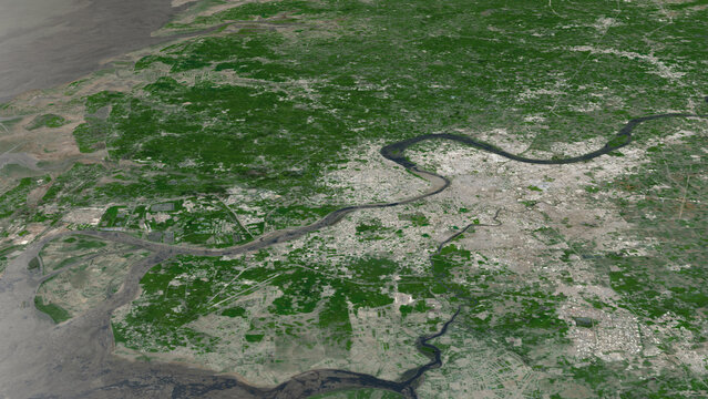 Oblique aerial 3D illustration of Surat, India