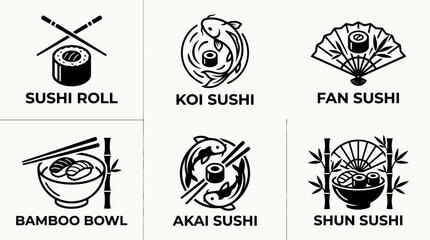 Sushi set illustrations showcasing various traditional Japanese dishes are presented in a clean and organized grid for culinary menus and digital food content.