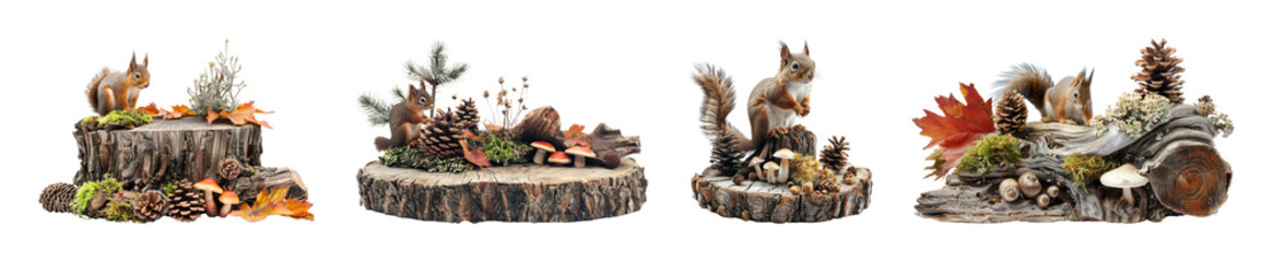 Fototapeta premium PNG Woodland squirrel decor with pinecones and autumn leaves, transparent background