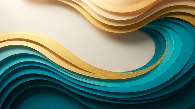 Luxury Abstract Teal and Gold Layered Paper Cut Wave Background with 3D Curved Design