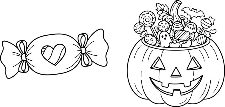 Halloween pumpkin bucket full of trick or treat candies and wrapped heart sweet line art vector illustration