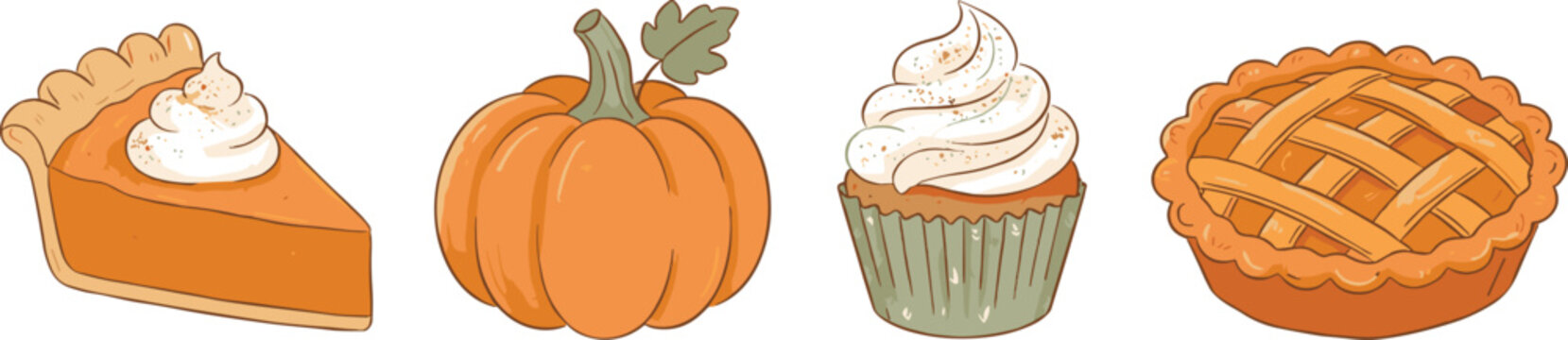 Autumn pumpkin spice dessert vector set with pie slice, cupcake, and lattice pie isolated on white