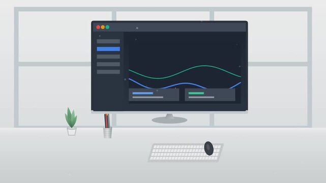 Modern computer monitor displaying analytics dashboard with performance graphs and progress bars