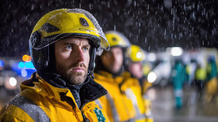 Fototapeta premium A determined firefighter in a yellow helmet and jacket stands in the rain, with emergency vehicles blurred in the background. The firefighter's focused gaze suggests a critical situation
