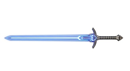 Obraz premium blue glowing fantasy sword with intricate silver hilt and black wrapped handle isolated on white background