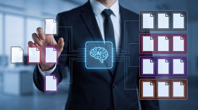 Businessman using AI for automated document sorting and data classification, Artificial intelligence document management system with virtual interface
