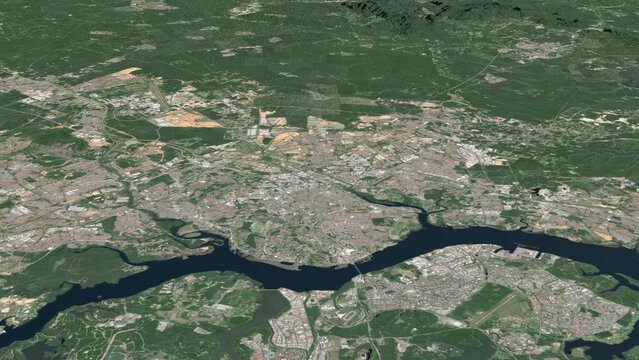 Oblique aerial 3D illustration of Johor Bahru, Malaysia