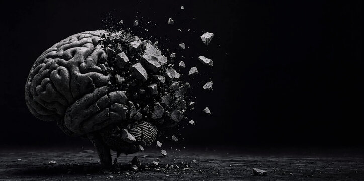 Conceptual Illustration of a Human Brain Shattering into Stone Pieces Representing Mental Health Decay