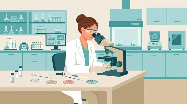 Scientist working with microscope in laboratory, research, science