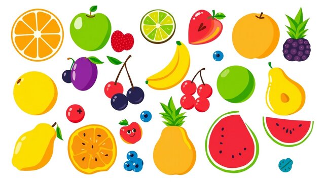 Set of colorful fresh fruits and berries icons including banana apple orange watermelon pineapple and cherry
