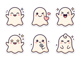 Adorable Kawaii Ghost Characters Set with Various Cute Expressions.