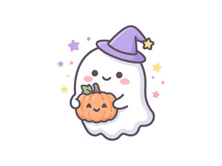 Fototapeta premium Cute Ghost with Witch Hat Holding Pumpkin for Halloween Celebration.