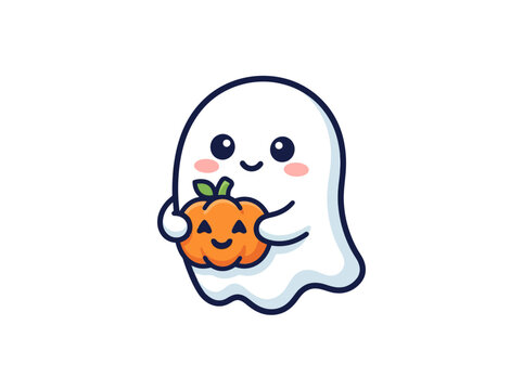 Cute ghost holding a pumpkin illustration.
