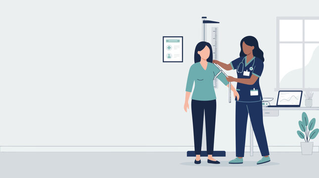 Nurse measuring woman's height with stadiometer in medical clinic