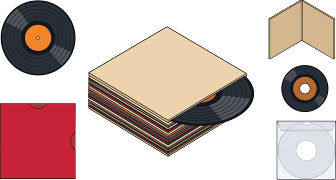 Vinyl records vector illustration set showing black music albums with blank paper covers red jacket sleeve cd case and cardboard mockups isolated on white background