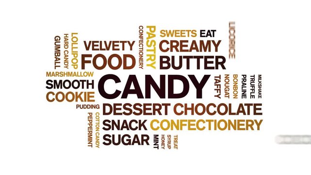 Candy animated word cloud-animation tag kinetic typography seamless loop.