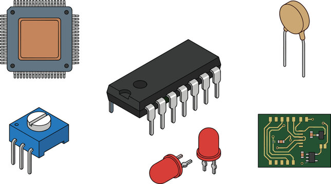 Electronic components vector illustration set showing integrated circuit chips microchip processor dip ic capacitor led diodes potentiometer trimpot and pcb board isolated on white background