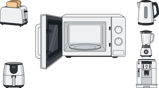 Small kitchen appliances vector illustration set featuring white microwave oven electric toaster with bread air fryer kettle blender and coffee machine isolated on white background