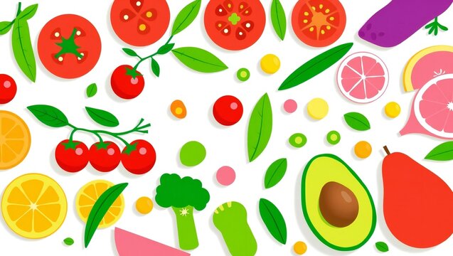 Colorful healthy vegetables and fruits collection with tomatoes avocado and broccoli