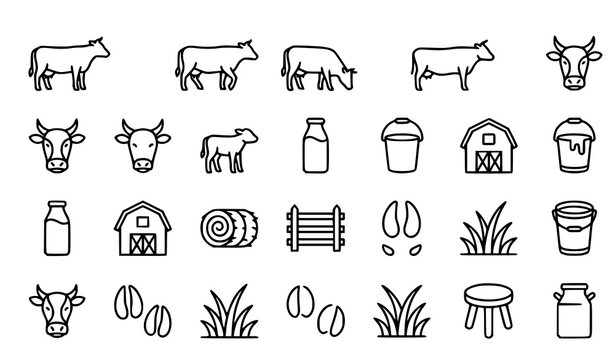 Elegant Cow Line Art Icon Set Editable Stroke Vector